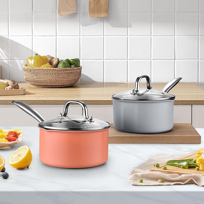 Nonstick Ceramic Saucepan 2.5 Qt,Sauce Pot with Strainer Lid,Two Side Spouts for Easy Pour with Ergonomic Handle,Non Toxic,PTFE &PFOA Free - Oven Safe Compatible with All Stovetops,Perracotta