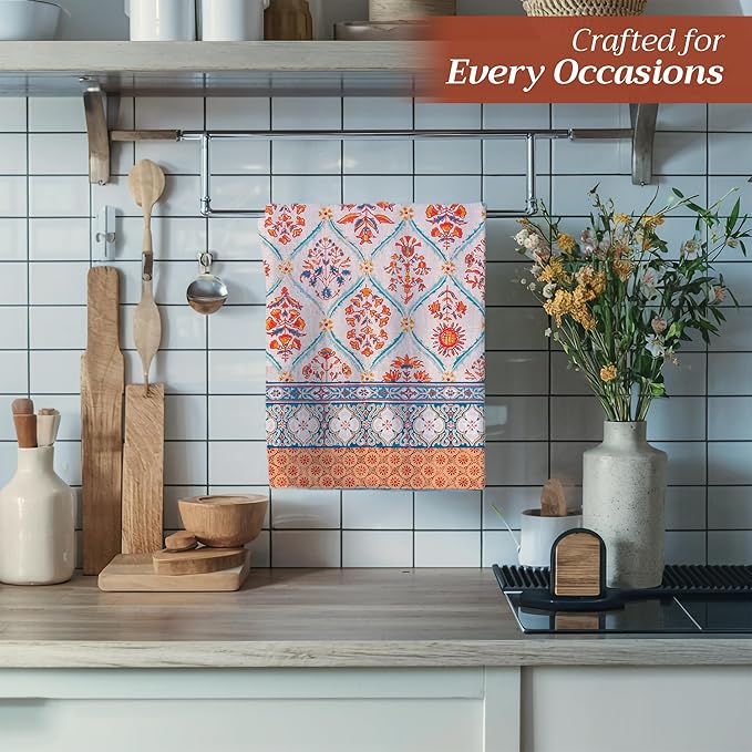 Maison d' Hermine Kitchen Towels Set of 3 100% Cotton 20" x 27.5" Reusable Cloth Tea Dish Towels Absorbent with Hanging Loop for Kitchen Dining Thanksgiving Christmas Decorations (Romane)