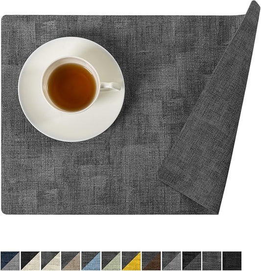 Romanstile Vinyl Placemats Set of 8-12 x 17 Inch - Heat Resistant Place Mats 100% Waterproof Oilproof Wipeable Reversible Faux Leather Table Mats for Kitchen/Dining/Party/Holiday, Dark Grey