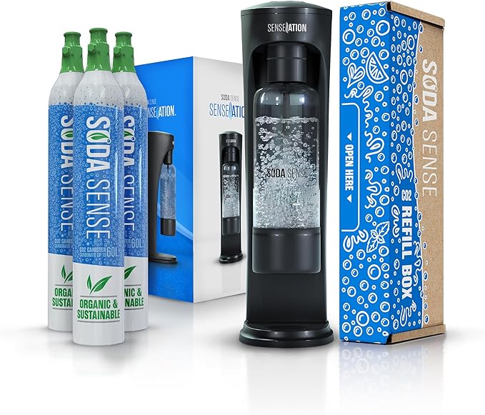 Soda Sense SENSEation Sparkling Water Maker Bundle, Includes Machine, 3 Threaded CO2 Canisters & Re-usable Carbonation Bottle