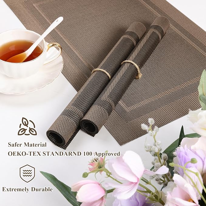 SHACOS Placemats Set of 4 Wipe Clean PVC Place Mats for Dining Table Heat Resistant Woven Vinyl Table Mats Indoor Outdoor (4, Frame Brown)