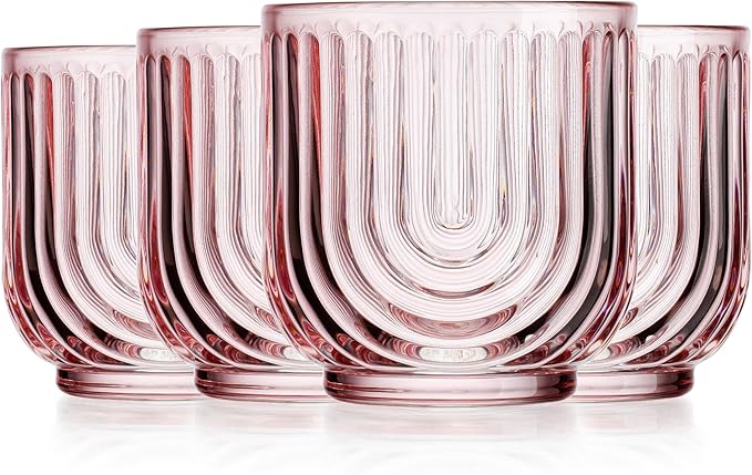 Glaver's Double Old Fashioned Rock Glasses, Set of 4 Blush Pink Whiskey Glasses, 11 oz Art Deco U-Shape Design Embossed Everyday Home Bar Glassware.