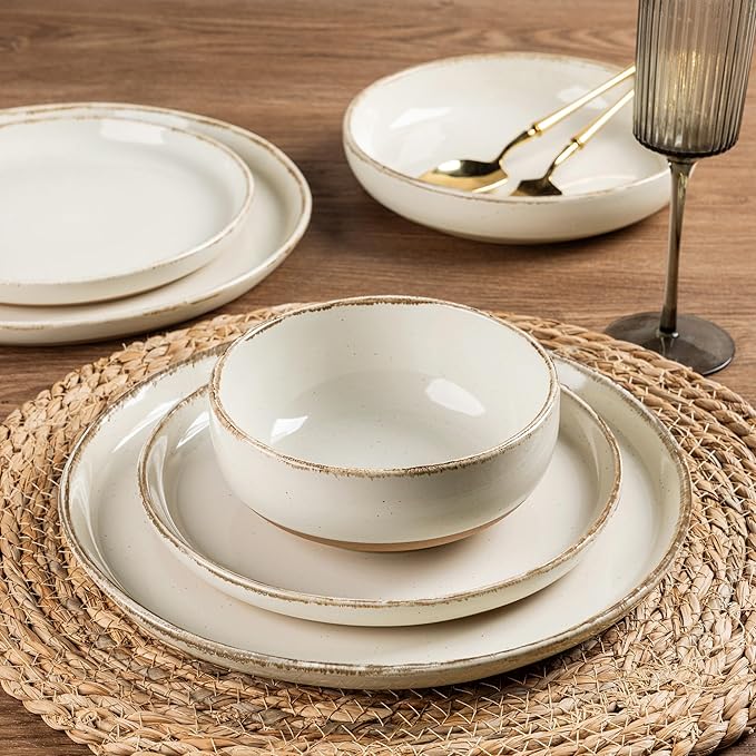 AmorArc Ceramic Dinnerware Sets with Pasta Bowls for 8, Handpainted Plates and Bowls Set with Rustic Terracotta Underside, Scratch Resistant Dishes Set, Dishwasher & Microwave Safe, 32 Pcs