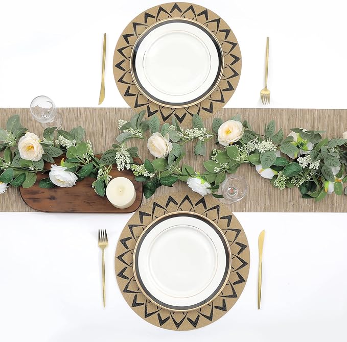 SHACOS 15 inch Round Vinly Placemats Set of 6 Boho Flower Print Place Mats Wipeable Non Slip Stain Heat Resistant Woven Table Mats Indoor Outdoor (6, Round Flower Black)