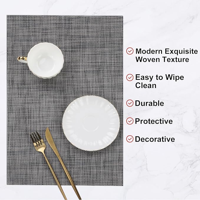 SHACOS Placemats Set of 4 for Dining Table Woven Vinyl Reversible Table Mats Wipe Clean Non Slip Place Mats Indoor Outdoor, Dark Gray