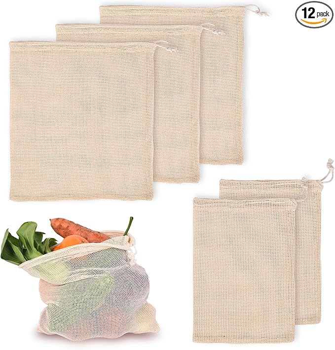 Reusable Bags Produce Bags Reusable Washable - Vegetable Bags, Grocery Bags, Cotton Mesh Bags for Farmers Market, Beach, and Refrigerator Storage Vegetables (12)