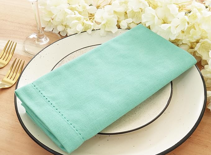 PurpleEssences Set of 6 Hemstitch Cloth Dinner Napkins 100% Cotton - Soft Durable Washable - Ideal for Wedding Christmas Holiday Winter - Perfect Everyday Use Table Linen 18x18 - Turquoise