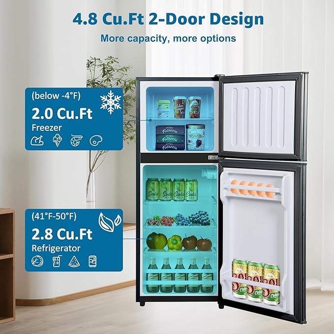 Mini Fridge with Freezer 4.8 Cu. Ft 2 Door Refrigerator, Dorm Fridge with 7 Adjustable Thermostat & Shelves, Compact Mini Refrigerator Freezer for RV, Kitchen, Office, Black