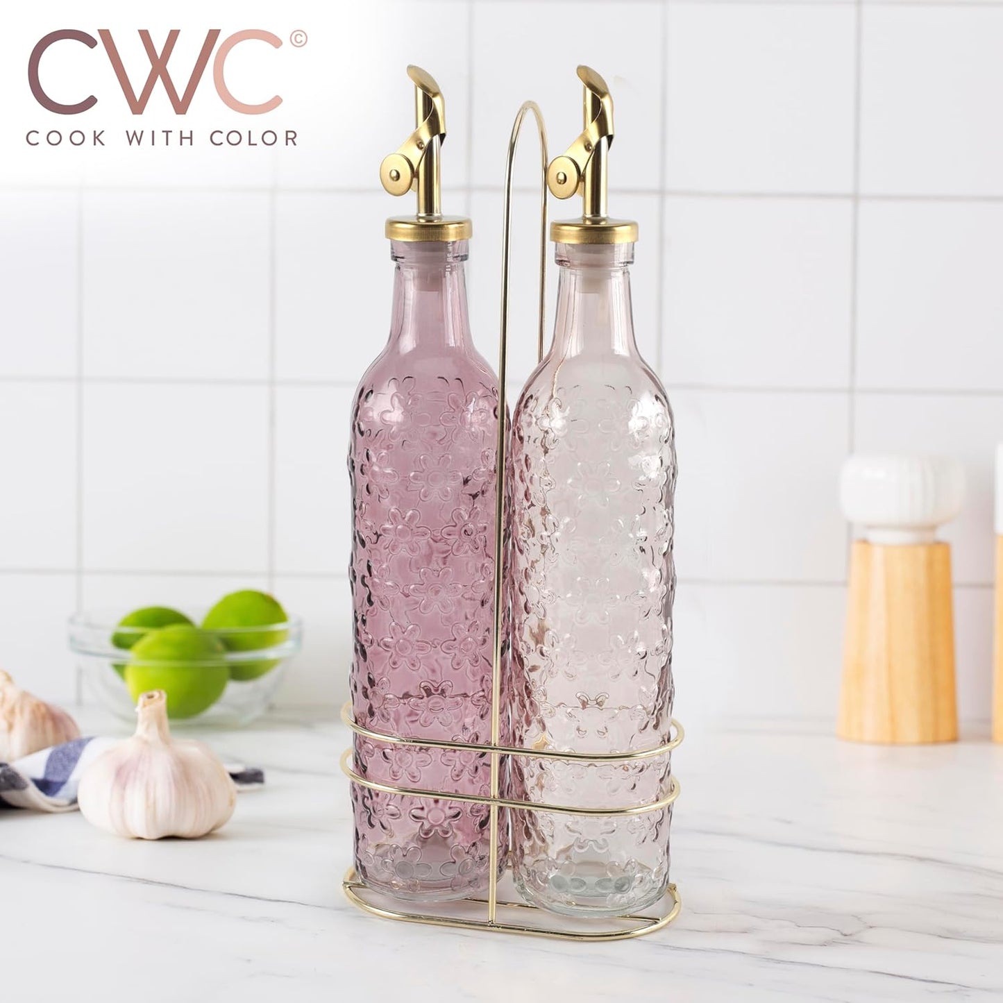 COOK WITH COLOR Glass Olive Oil Bottle Dispenser - 2 Pack- 17oz Oil and Vinegar Cruet - Olive Oil Carafe Decanter for Kitchen