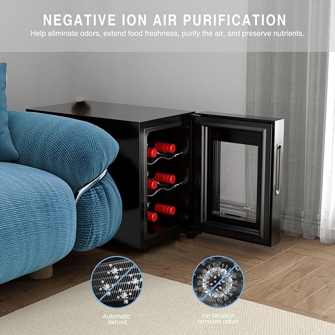 6 Bottles Wine Fridge, Thermoelectric Countertop Wine Cooler Refrigerator, 46-66℉ Digital Temperature Control &Energy Efficient Cooling, 38dB Quiet Mini Fridge for Home, Apartment or Office