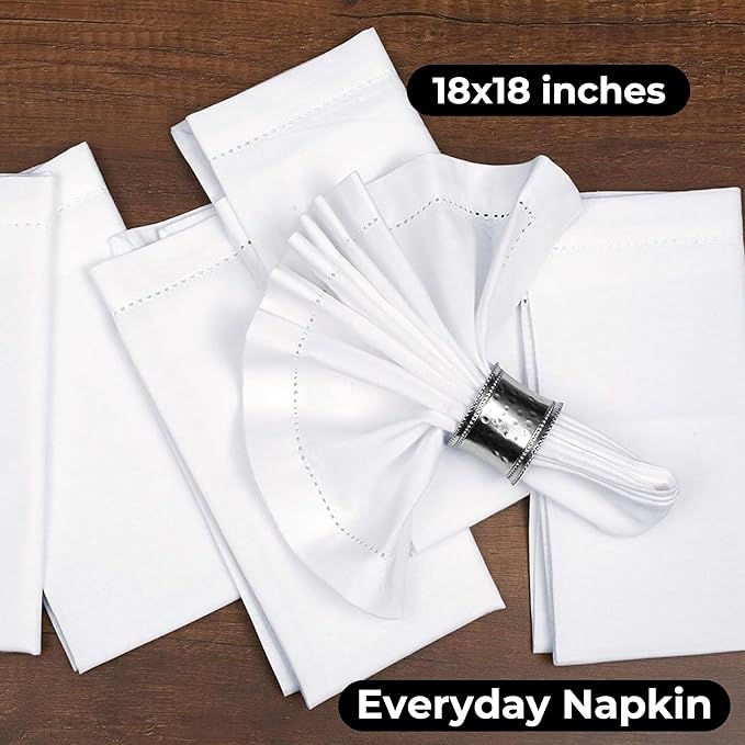 Bedding Craft Cotton Cloth Dinner Napkins Set of 12 – 18x18 White with Hemstitched Mitered Corners – Machine Washable Fabric Napkins for Weddings, Dinner Parties & Table Decorations