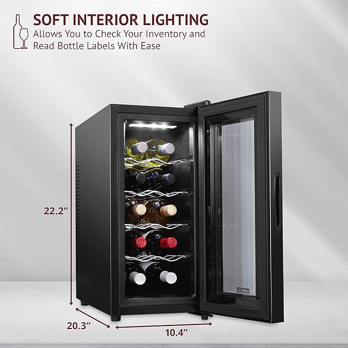 Schmécké 10 Bottle Red And White Wine Thermoelectric Wine Cooler/Chiller Counter Top Wine Cellar with Digital Temperature Display, Freestanding Refrigerator Smoked Glass Door Quiet Operation Fridge