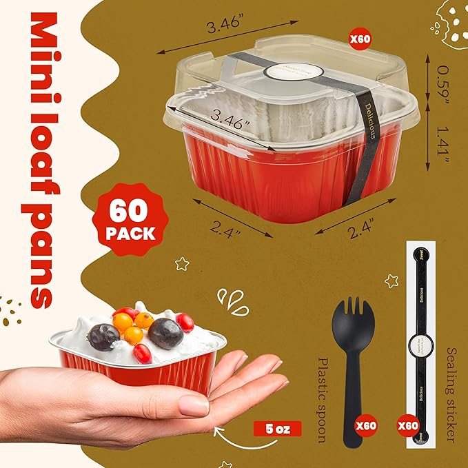 60 Pack Mini Cake Pans with Lids Mini Aluminum Pans, Disposable Loaf Pans Cupcake Liners with Lids for Pudding, Souffle, Party, Wedding(Red, 5 oz)