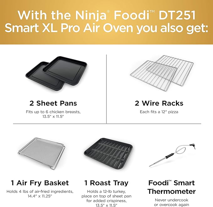 Ninja DT251 Foodi 10-in-1 Smart XL Air Fry Oven, Bake, Broil, Toast, Roast, Digital Toaster, Thermometer, True Surround Convection up to 450°F, includes 6 trays & Recipe Guide, Silver