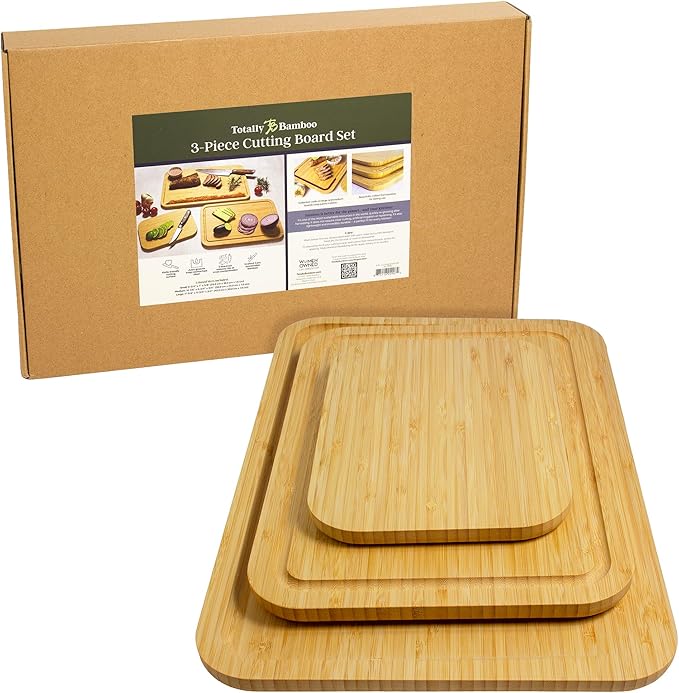 Totally Bamboo 3-Piece Cutting Board Set – Bamboo Wood Cutting Boards in Large, Medium, and Small Sizes with Juice Groove and Collection Well – Elegant Kitchen Chopping Boards with Curved Edges