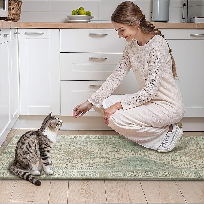 GENIMO Kitchen Mats for Floor 2PCs, Washable Anti Fatigue Mat for Cushioned, 17.3"x59"+17.3"x30", Waterproof Kitchen Rugs, Non Slip Comfort Standing Mat Rug for Home, Sink, Laundry, Green