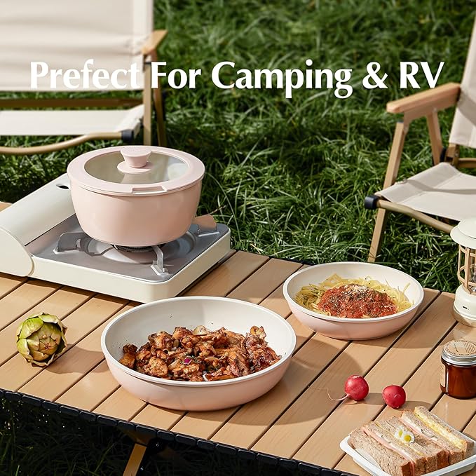 Redchef Ceramic Cookware Set, Removable Handle Pots and Pans Non-Stick, Rv Cookware Set, Non-Toxic Pots and Pans Set No PFAS, PTFE, PFOA, Detachable Pots and Pans, Dishwasher & Oven Safe (Pink)