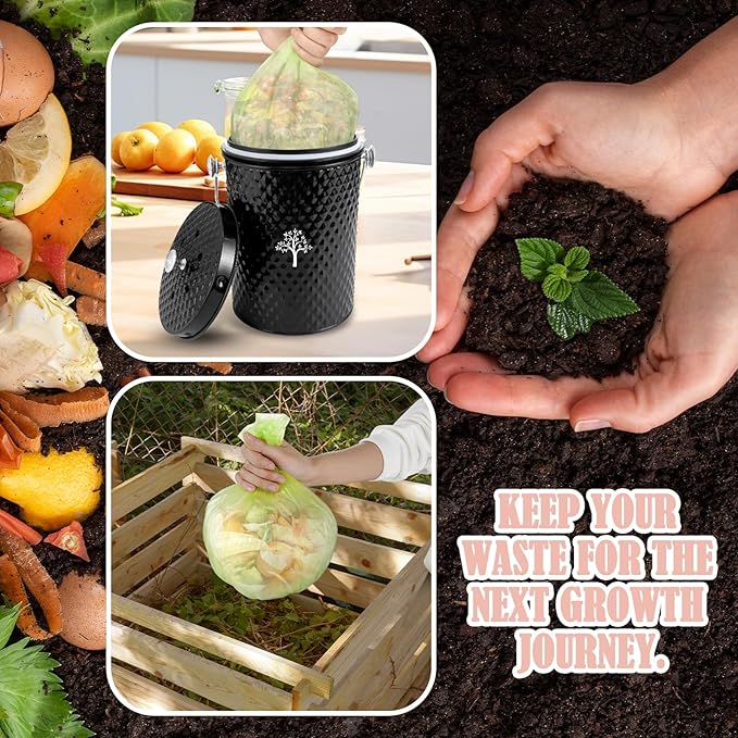 AOSION Countertop Compost Bin Kitchen，Odorless Indoor Compost Bin with Lid and Compost Bags,Compost Bucket Composter Container for Food Waste,Black