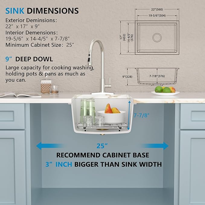 22"x17" Undermount Wet Bar Sink - White Granite Composite Quartz Classic Single Bowl Under Counter Small Kitchen Bar Prep RV Sink Basin