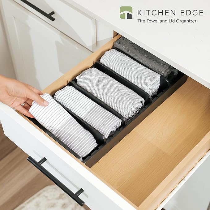 Bamboo Kitchen Towel and Food-Storage Organizer, Perfect for Kitchen Drawers, Cabinets, Pantry, 5 Adjustable Wall Inserts, Non-Slip Feet, Food-Safe Black Finish