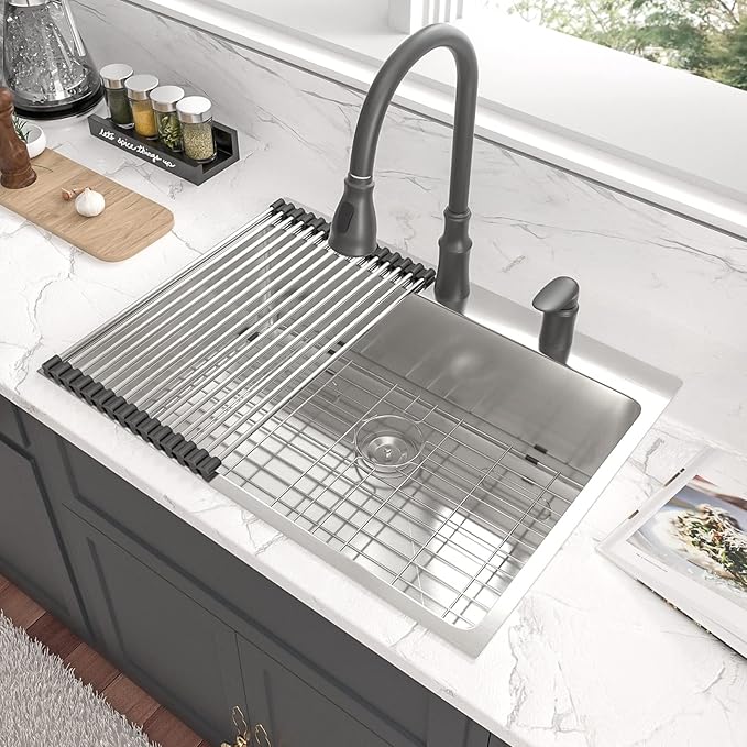 Lordear 33 Inch Drop In Kitchen Sink 33x22 Stainless Steel Topmount Sinks 16 Gauge T304 Single Bowl Kitchen Sink With 3mm Thickened Plate Round Corners