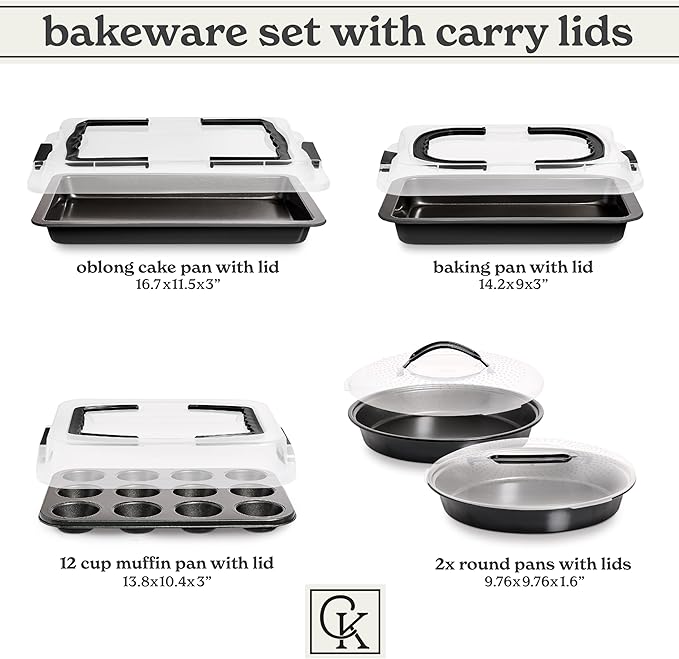 Country Kitchen Baking Pans Set - 10 Piece Non-Stick Cake Pans with Carry Lids for Easy Storage & Travel, Perfect for Parties - Stackable, Black