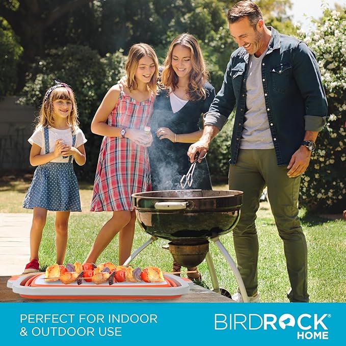 BIRDROCK HOME 2-pack Collapsible BBQ Prep Tub w/Cutting Board, Multi-Function Grill Caddy w/Colander & Lid, Portable Silicone Dish Bowl for Picnic, Tailgate, Camping (Orange, Large, X-Large)