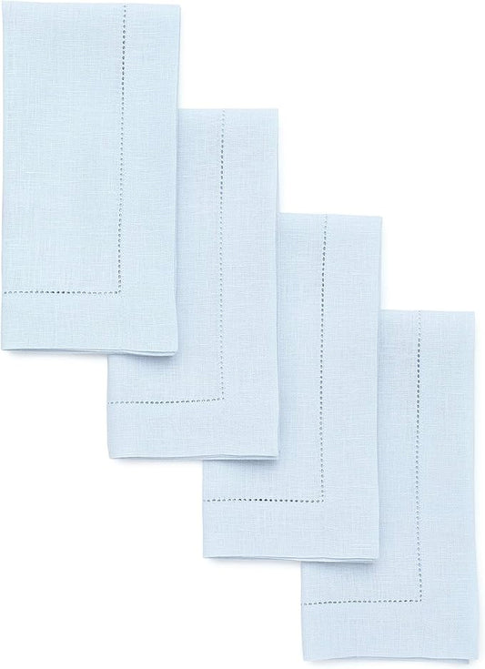 Solino Home Light Blue Linen Napkins Set of 4-100% Pure Linen Hemstitch Dinner Napkins 20 x 20 Inch for Christmas, Winter - Classic Hemstitch