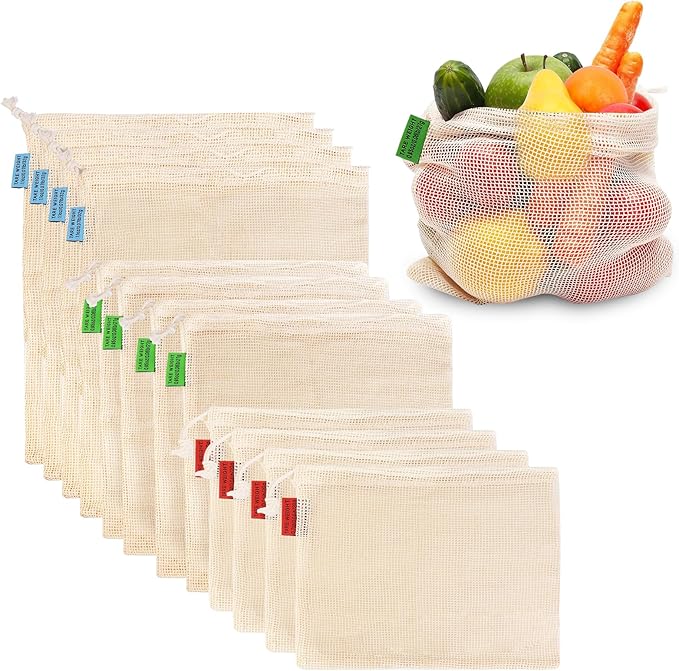 Ycsst 12 Pack Reusable Cotton Mesh Produce Bags - 100% Organic Cotton - Produce Bag - Double-Stitched - With Drawstring Produce Bag For Vegetables,Fruit & Grocery Shopping,4xS, 4xM, 4xL.