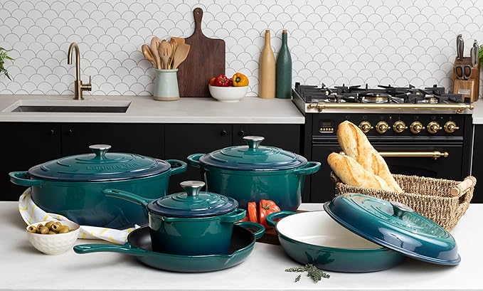Larder & Vine 9 Piece Enameled Cast Iron Cookware Set, Oven Safe and Compatible with all Cooktops – includes 3.6 Qt Braiser, 5.7 QT and 8 QT Dutch Ovens, 10.25in Skillet and 2.2 QT Saucepan (Bondi)