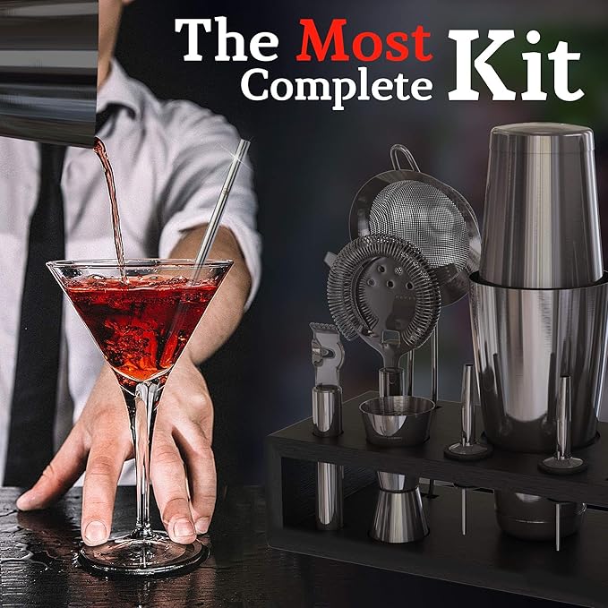 Highball & Chaser 13-Piece Gunmetal Black Stainless Steel Boston Cocktail Shaker Bar Tool Set with Mixology Bartender Kit Accessories