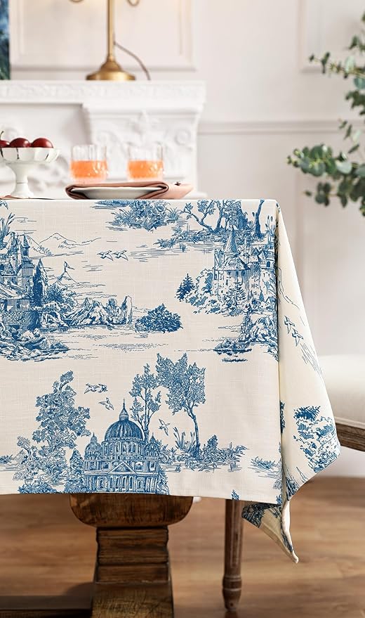 patdrea Designer Cyan Tablecloth for Rectangle Tables,Vintage Linen with Ancient Castle and Manor Pattern Tablecloths,Elegant Table Cover Cloth Decor for Kitchen Dining Christmas,63"*110"