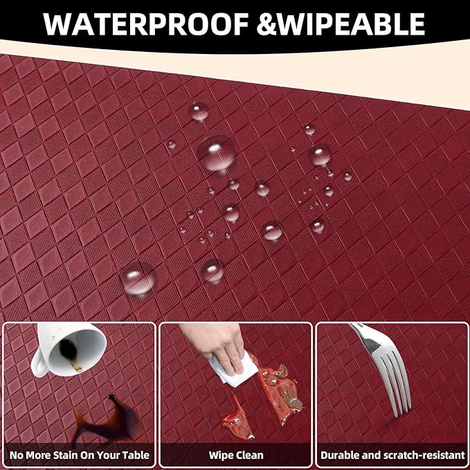 Vinyl Placemats Set of 6-12×17.7 Inch Waterproof & Heattable Placemats, Fall Faux Leather Wipeable Outdoor Table Mat for Dining, Kitchen, Indoor Outdoor Use (Grenadine Red, Diamond pattern)