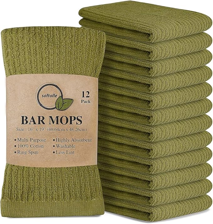 Softolle Bar Mop Towels, Pack of 12-16x19 Inches - 100% Cotton Super Absorbent Towels, Multi-Purpose for Home and Bar Cleaning (Sage Green)