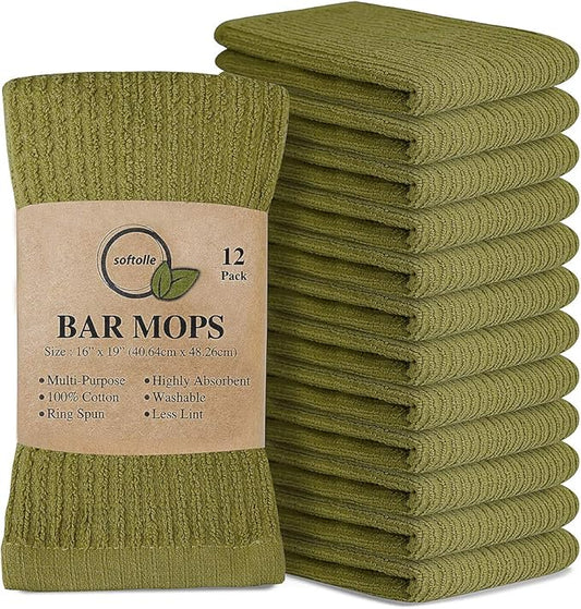 Softolle Bar Mop Towels, Pack of 12-16x19 Inches - 100% Cotton Super Absorbent Towels, Multi-Purpose for Home and Bar Cleaning (Sage Green)