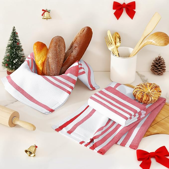 Homaxy Premium Kitchen Towels 18”x 28”, Large Cotton 380 GSM Kitchen Hand Towels, Stripe and Terry Dish Towel, Highly Absorbent Tea Towel Set with Hanging Loop, 6 Pack, Red