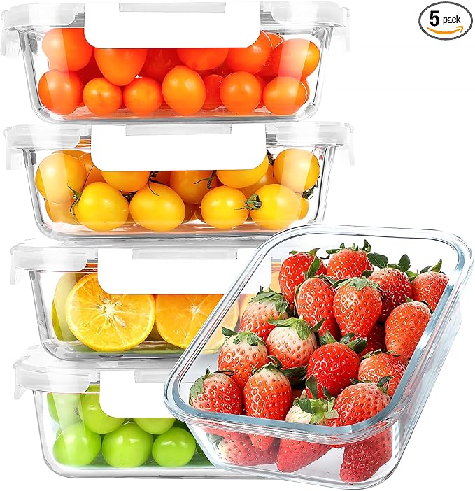 KOMUEE 30 oz 5 Pack Glass Meal Prep Containers, Glass Storage Containers with Lids - Dishwahser, Microwave, Oven and Freezer Safe, White