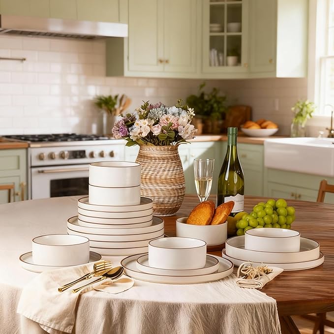 LERATIO Ceramic Dinnerware Sets for 6, High Edge Stoneware Plates and Bowls Set, Chip and Crack Resistant | Oven & Dishwasher & Microwave Safe Dishes Set, Service for 6 -Vanilla White