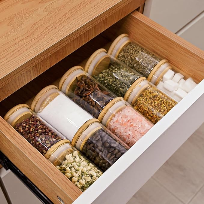 8oz Glass Food Storage Jars, Glass Jars with Bamboo Lids, Kitchen Storage Jars, Set of 12, Canisters with Airtight Lids for Spice, Coffee, Cookie, Pantry Organizers