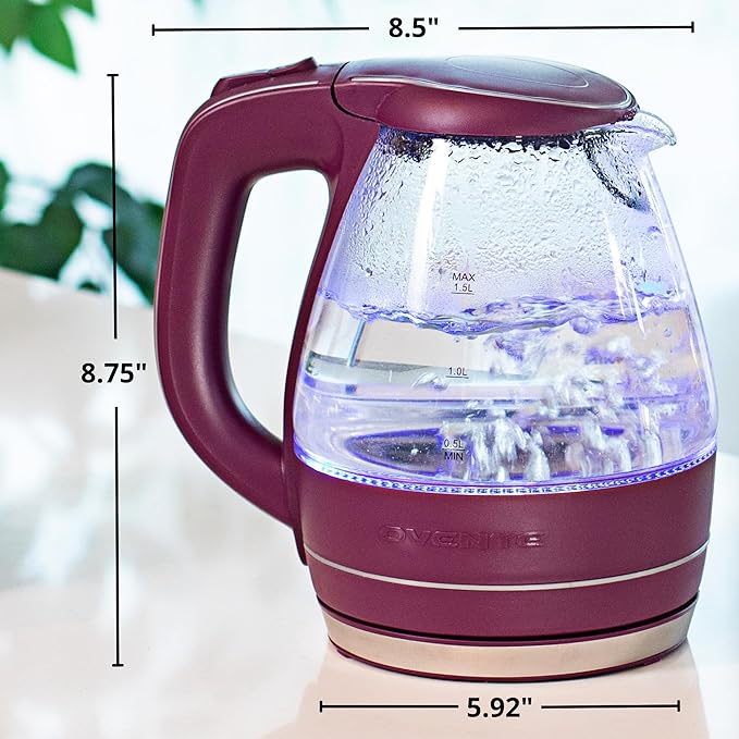 OVENTE Electric Kettle, 1.5L Borosilicate Glass Countertop Water Heater and Boiler for Coffee or Tea, BPA-Free, Auto Shut-Off, Boil-Dry Protection, Removable and Washable Spout Filter, Purple KG83P