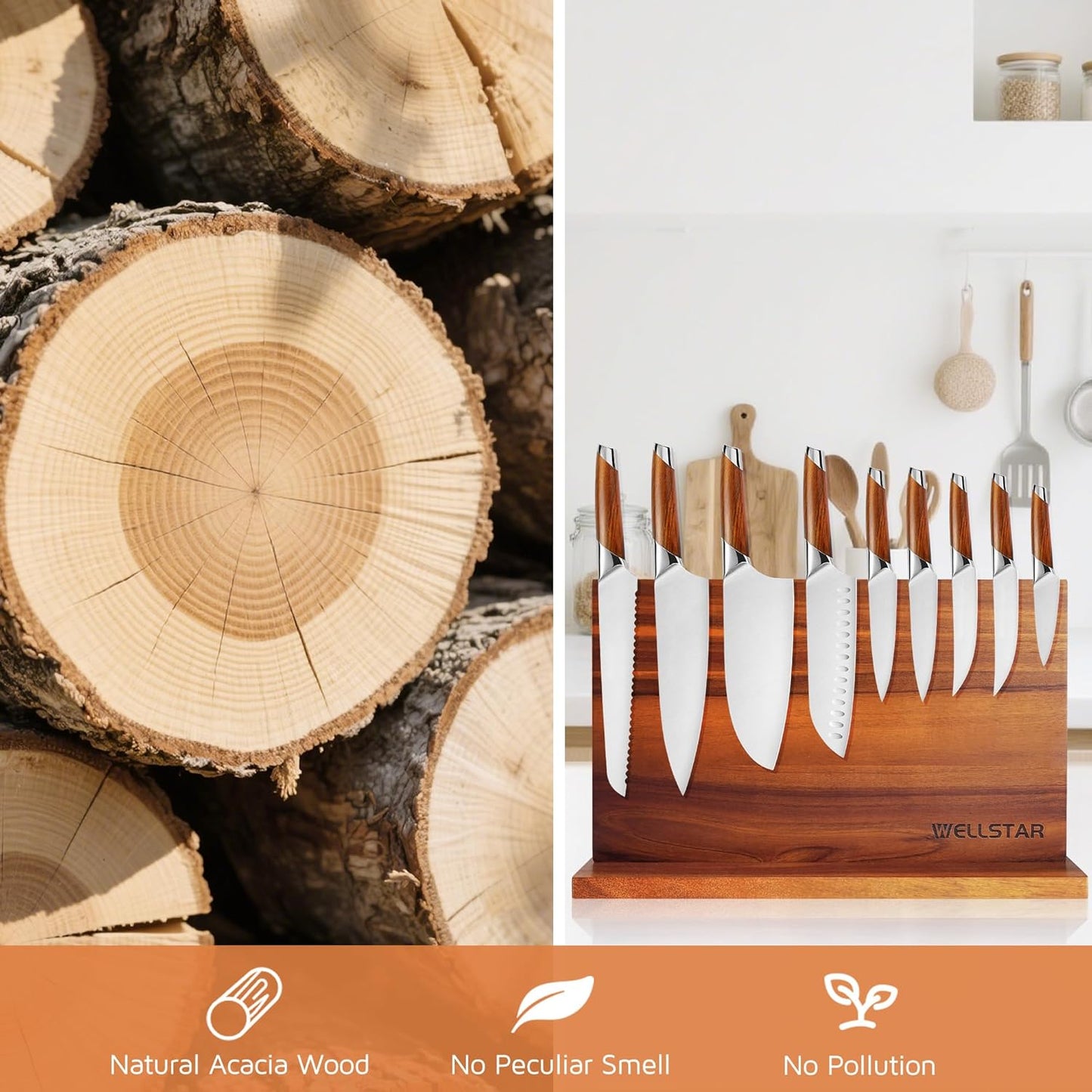 Modern Acacia Magnetic Knife Block Holder 16 x 10 Inches, Extra Large Dual-Sided Strong Magnet Wood knives Stand, Luxurious Kitchen Counter Rack Organizer for a Stable and Stylish Cutlery Display