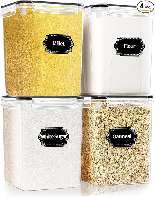 4 Pack Large Airtight Food Storage Containers with Lids (5.2L / 176oz), BPA Free Plastic Kitchen and Pantry Organization Contianers for Cereal Flour and Sugar Storage, Labels & Marker