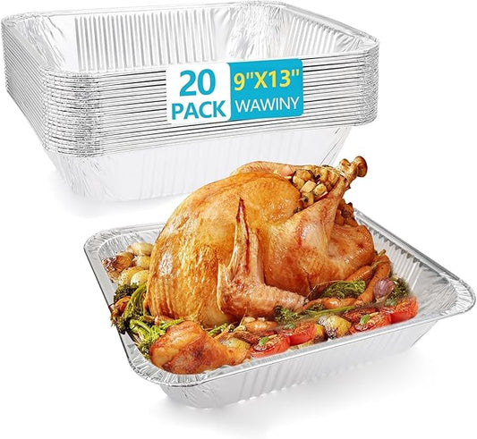 9x11 In Aluminum Pans with Lids, Extra Deep Disposable Baking Pans for Roasting, Baking, Cooking, Food Prep, Chafing, Steam Table, Oven, Cake, and Party Catering. (20-no lids)