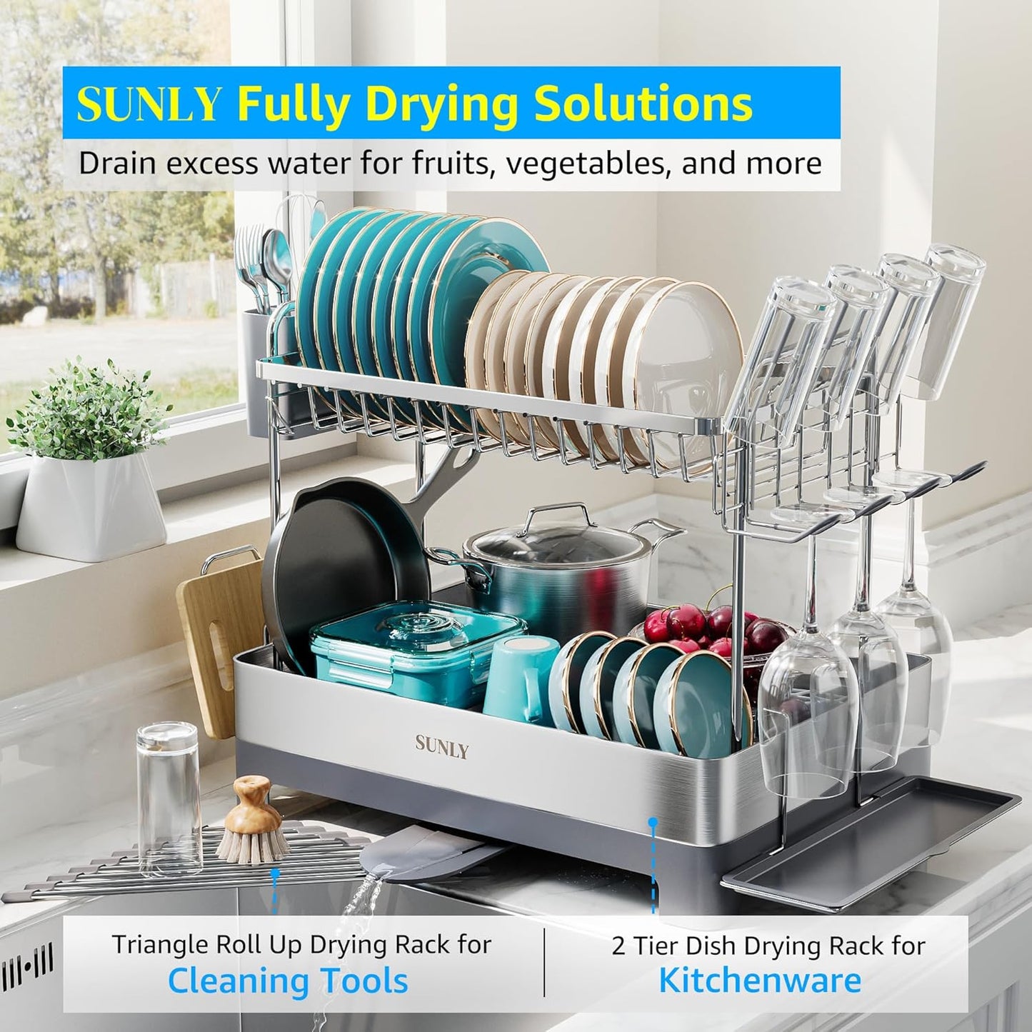 SUNLY Large Dish Drying Rack, Multipurpose 2 Tier Dish Racks for Kitchen Counter, 304 Stainless, Extra Large Drain Board