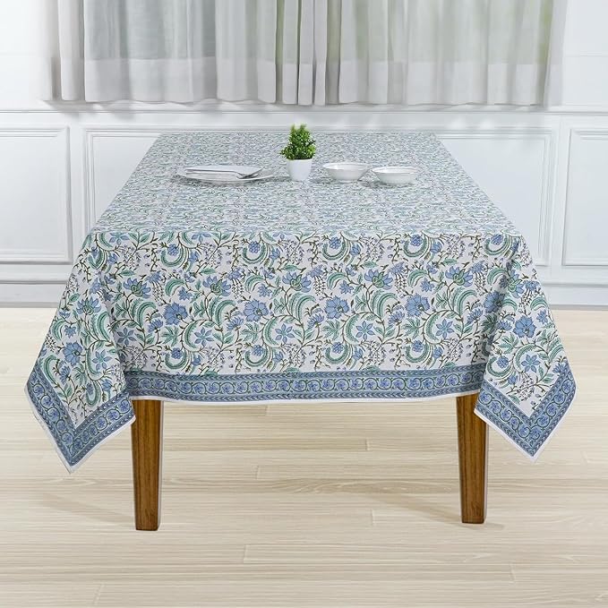 Ridhi Columbia Blue Hand Block Print Cotton Rectangle Tablecloth 120 x 80 inches Reusable Table Cover Decorative Everyday Use for Dining Room, Farmhouse, Home, Party, Festive & Wedding, Fall