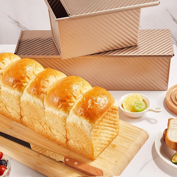 KITESSENSU Pullman Loaf Pan with Lid, 2Lb Dough Capacity Non-Stick Bakeware for Baking Bread, Sandwich & Toast Oven Baking, Gold
