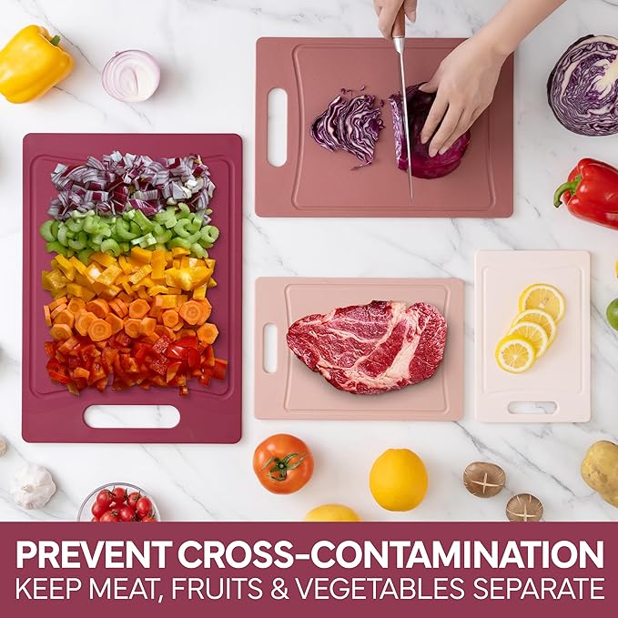 COOK WITH COLOR Non-Slip Cutting Board Set – Kitchen Essentials with Easy Grip Handle for Meat, Veggies, and Fruits, 4 Cutting Boards, Rose