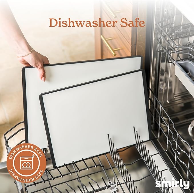 SMIRLY Plastic Cutting Board Set with Holder 4 Pieces, Non-Slip Dishwasher Safe Chopping Boards for Kitchen, Black & White