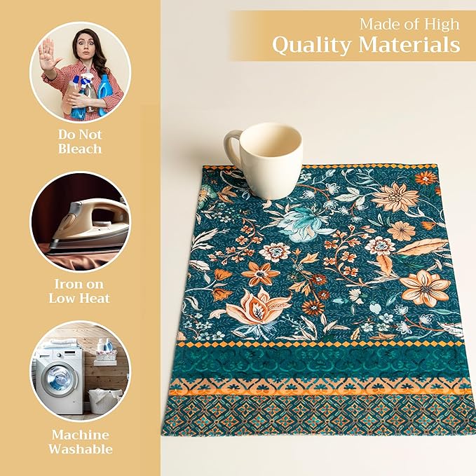 Maison d' Hermine Placemats Set of 4 100% Cotton Washable Cloth Place Mats, Reusable Table Mats for Thanksgiving Christmas Decorations Kitchen Dining Party Wedding (Luxury Loft - Dark Teal, 13" x 19")