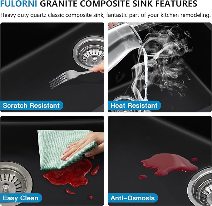 33 Granite Composite Kitchen Sink - Fulorni 33"x19" Granite Kitchen Sink Undermount Ledge Workstation Matte Black Quartz Classic Under Counter Single Bowl Sink Basin, FL-GRUS33B